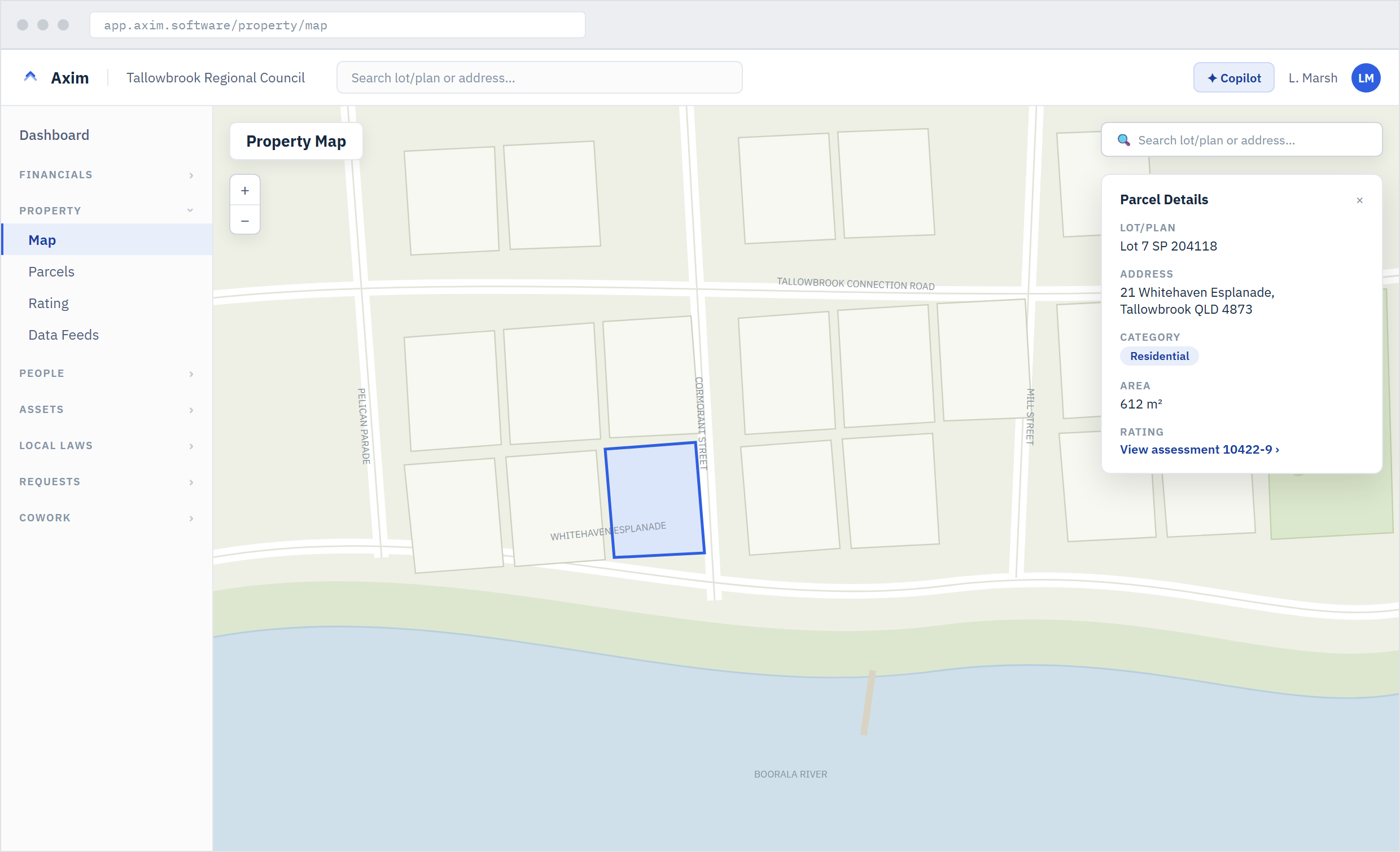 Axim property map showing a selected parcel with its lot and plan, address, category, and area details