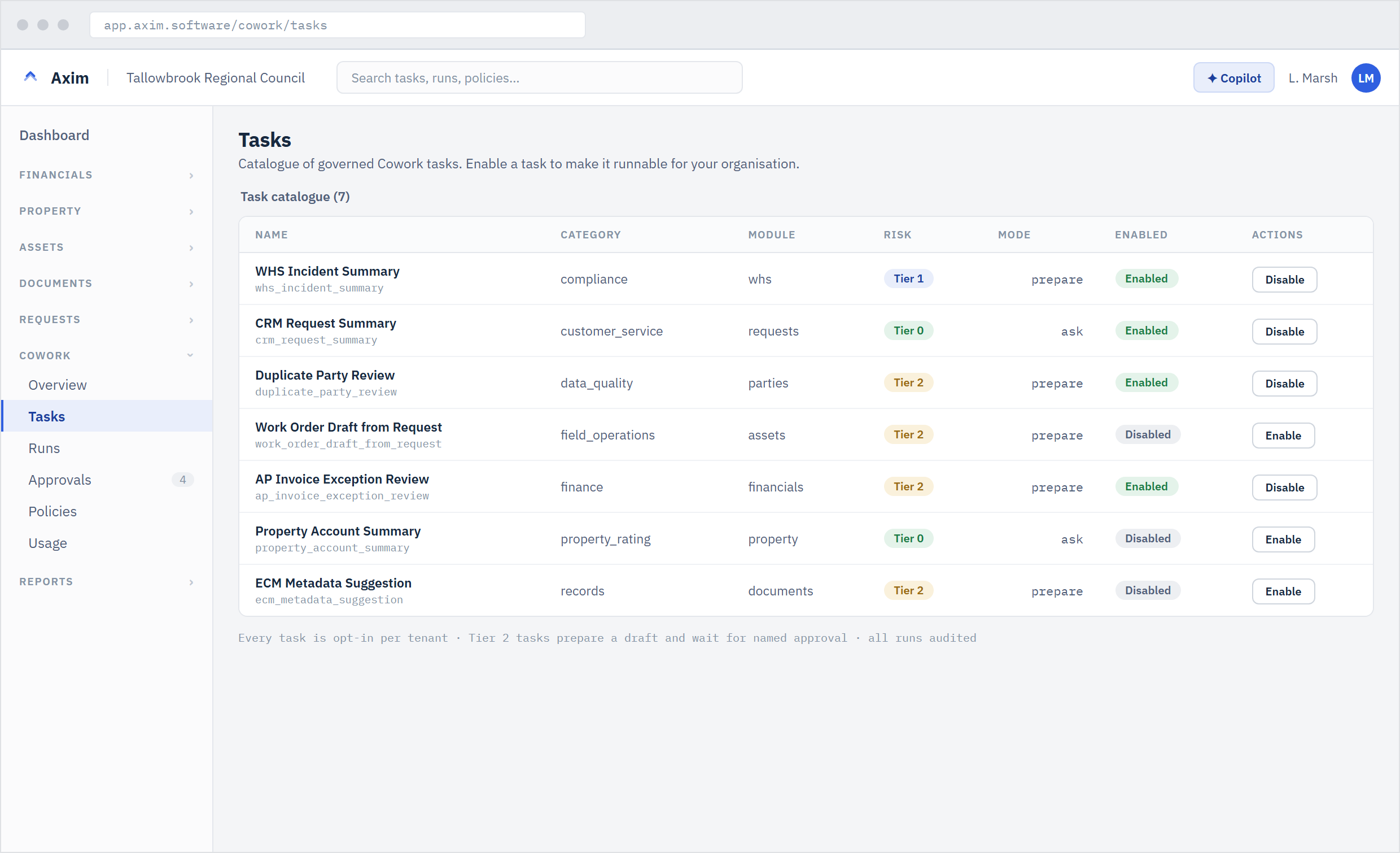 The Cowork task catalogue in Axim, showing governed AI tasks with risk tiers and per-tenant enable controls